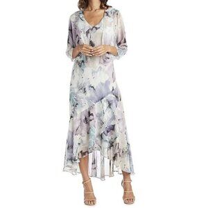 R & M RICHARDS Watercolor‎ Floral Chiffon Tiered Ruffle High-Low 2 Pc Dress 2025